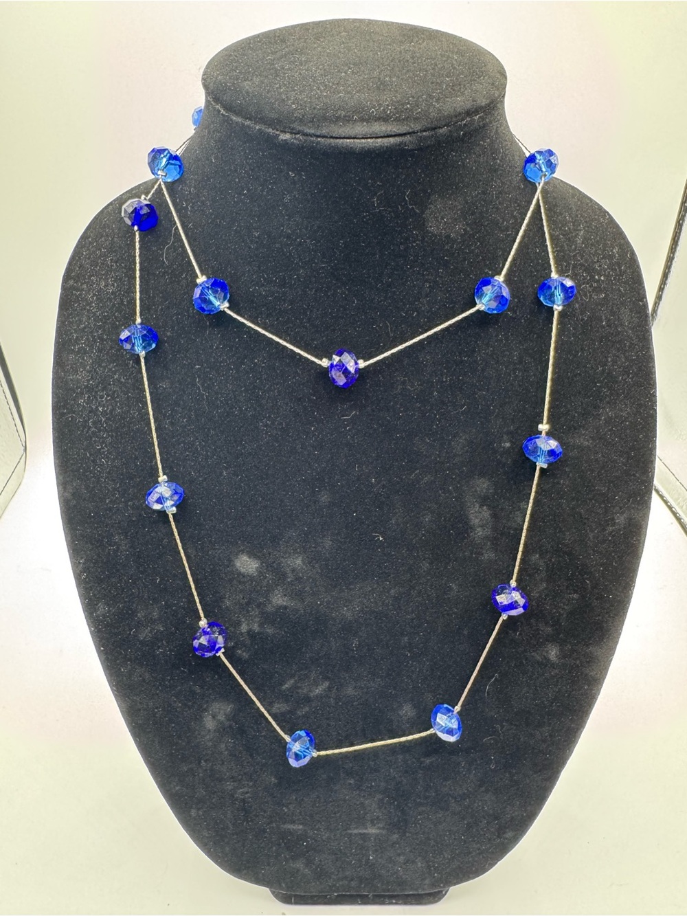 Ali Khan Long Silver Tone Necklace with Blue Faceted Beads, Long Strand